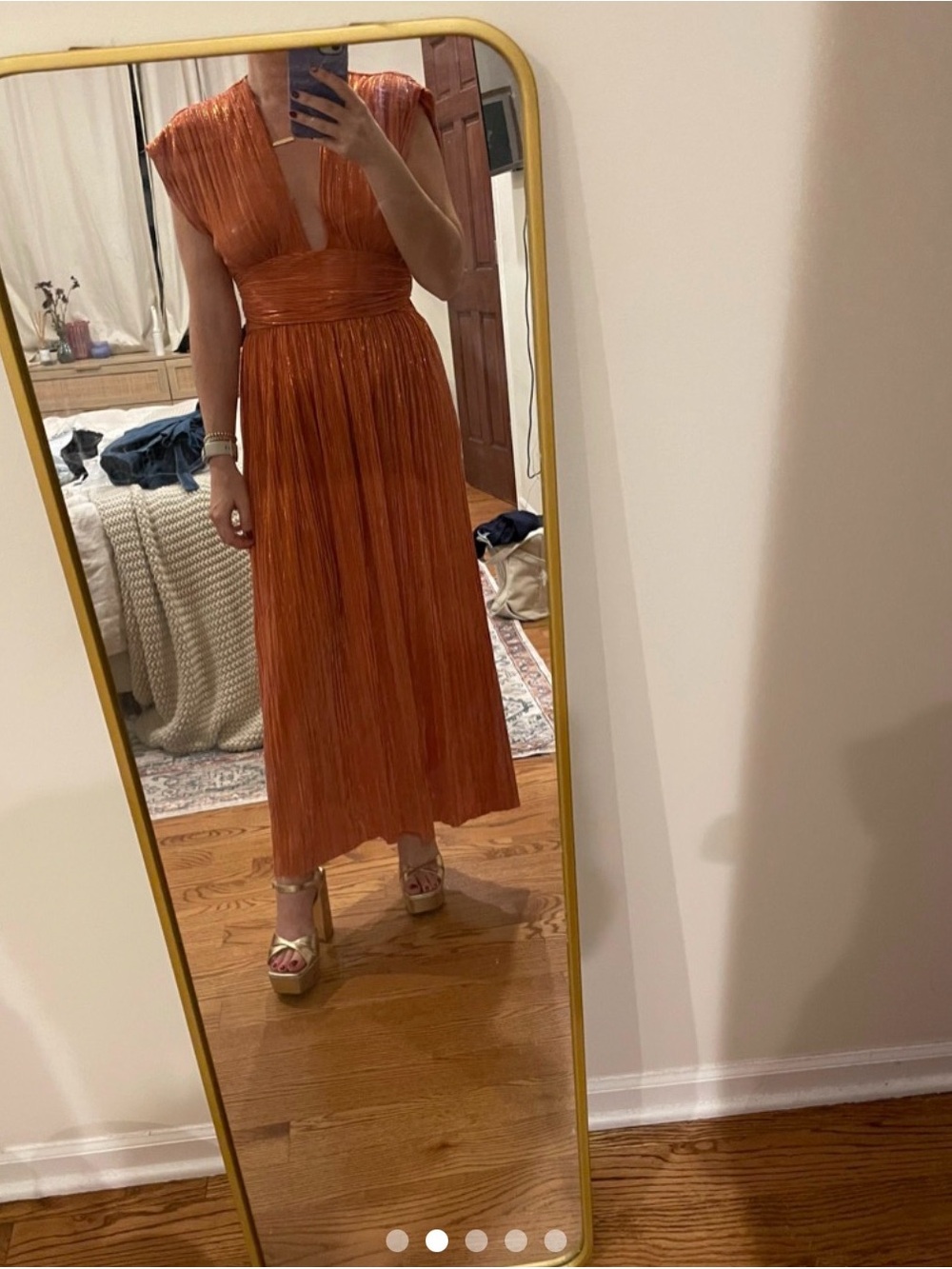 Sabina Musayev Metallic Orange Pleated V-Neck Maxi Dress - Picture 2 of 3